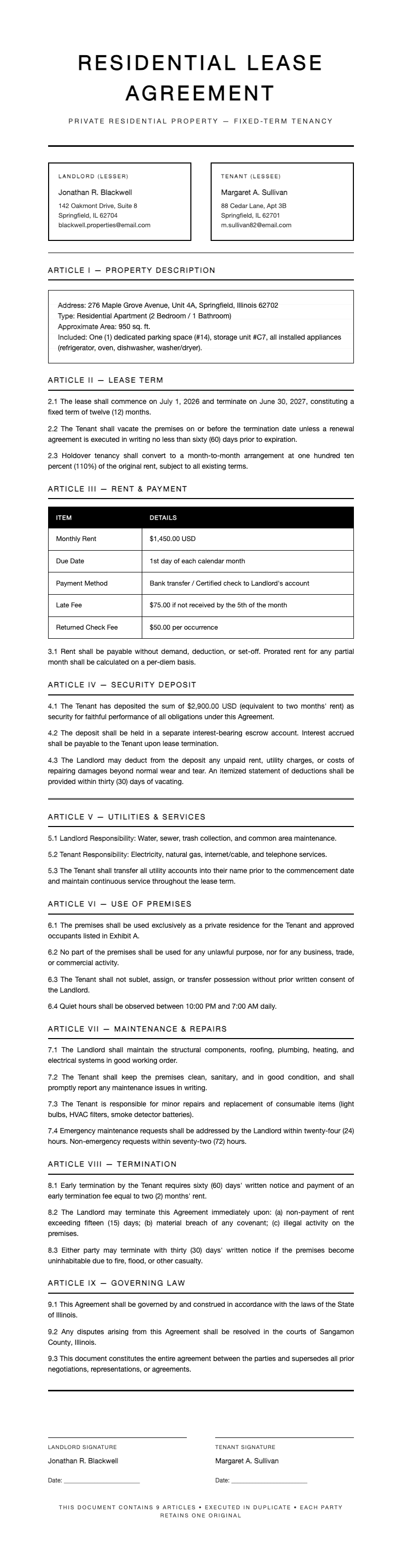 Monochrome formal rental agreement